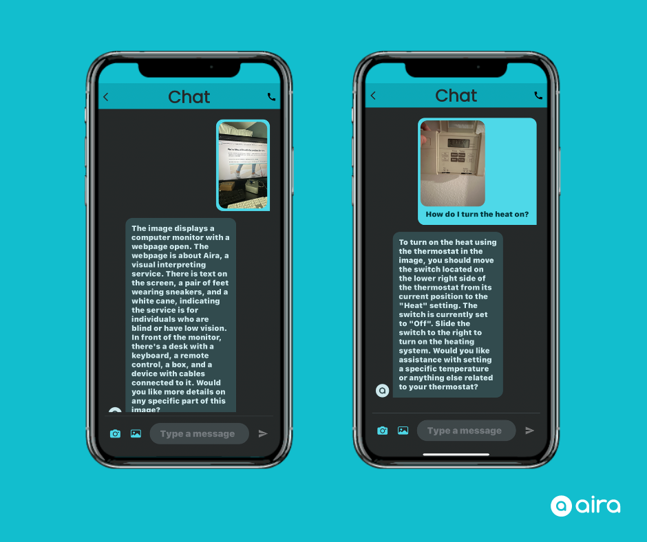 Two images showing Aira Access AI conversations within the Aira app. 