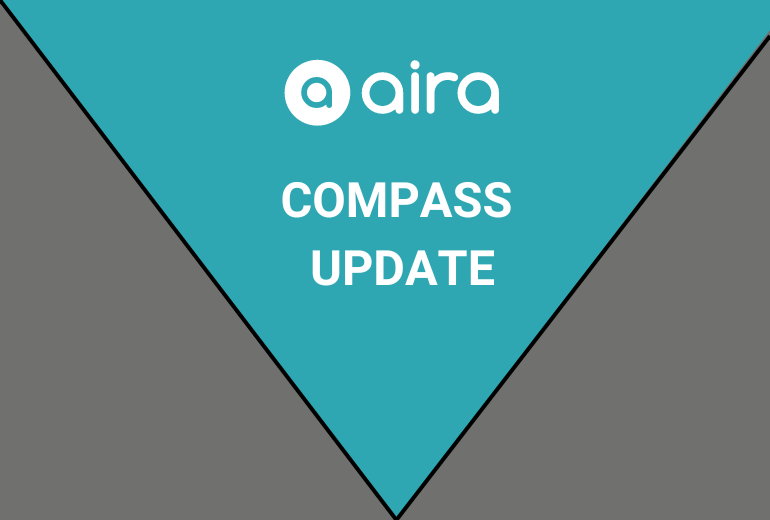 A grey background with a teal triangle on top of it, and the white Aira logo at the top. Text reads "Compass Update."