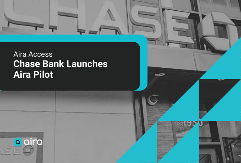 A promotional graphic with right aligned white and teal text that reads "Aira Access: Chase Bank Launches Aira Pilot." The background is a black and white image of the exterior of a Chase Bank building. In the lower right hand corner are five stacked teal right angle triangles.