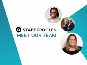“Staff Profiles Meet Our Team” and three circular photos of Aira team members Everette, Troy, Alicia, and Cari on a white/teal geometric background.