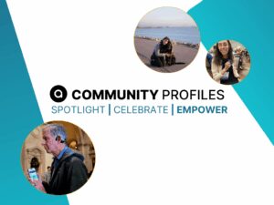 Aira "a" logo, "Community Profiles, Spotlight, Celebrate, Empower" circular images of a man holding a smart phone open to the Aira home screen, a woman hugging a black guide dog, and a woman with glasses holding an award plaque.