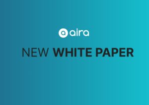 A teal background with the white Aira logo. Text underneath logo: "New White Paper"